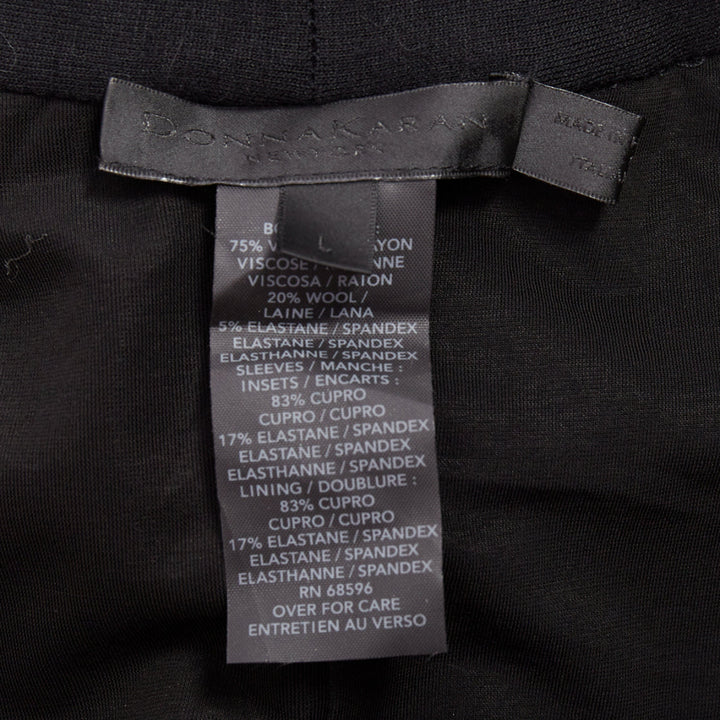 DONNA KARAN black jersey sheer mesh raglan drape plunge high low dress L