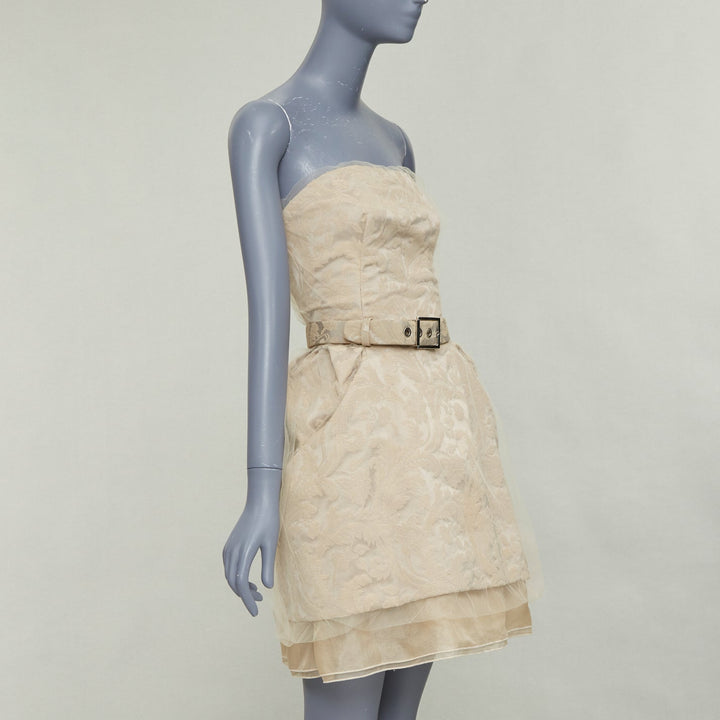 DOLCE GABBANA 2008 Runway beige barocco jacquard tulle strapless belted dress