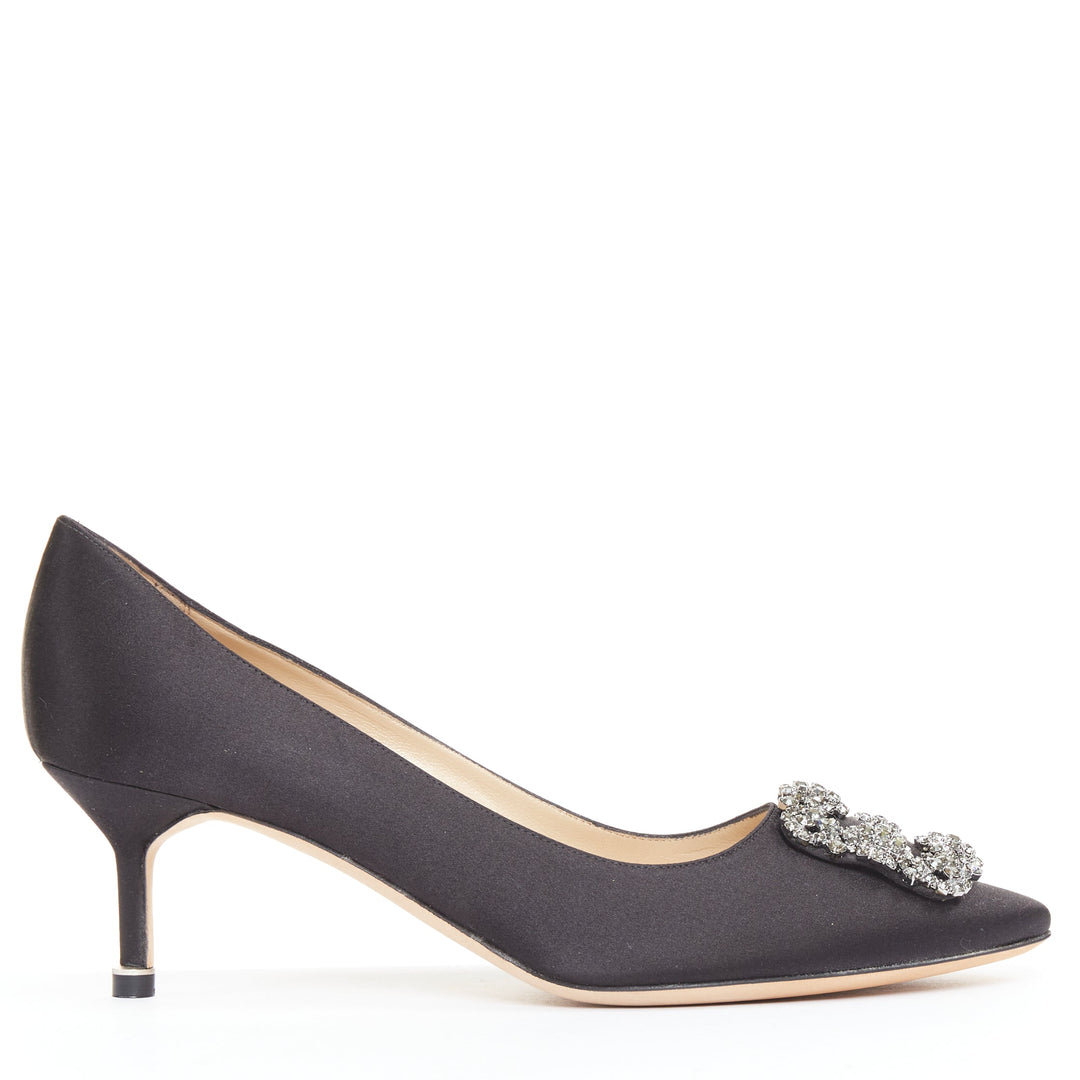 MANOLO BLAHNIK Hangisi black satin crystal brooch buckle heeled pumps EU38