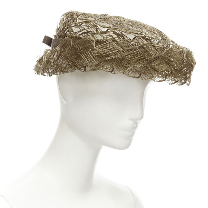 vintage LAURENCE PARIS brown straw raffia woven bow grosgrain boater hat