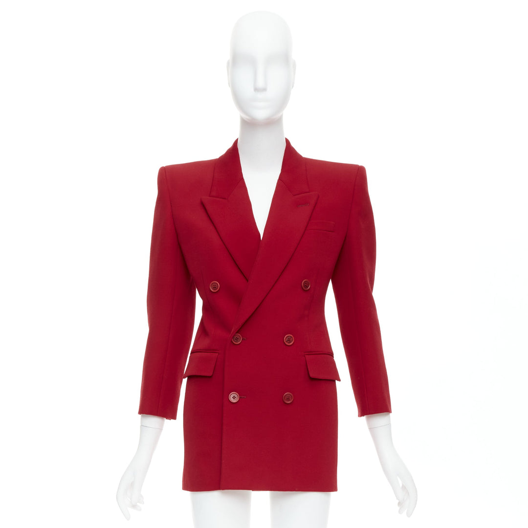 SAINT LAURENT 2022 Runway red wool power shoulder blazer jacket FR34 XS