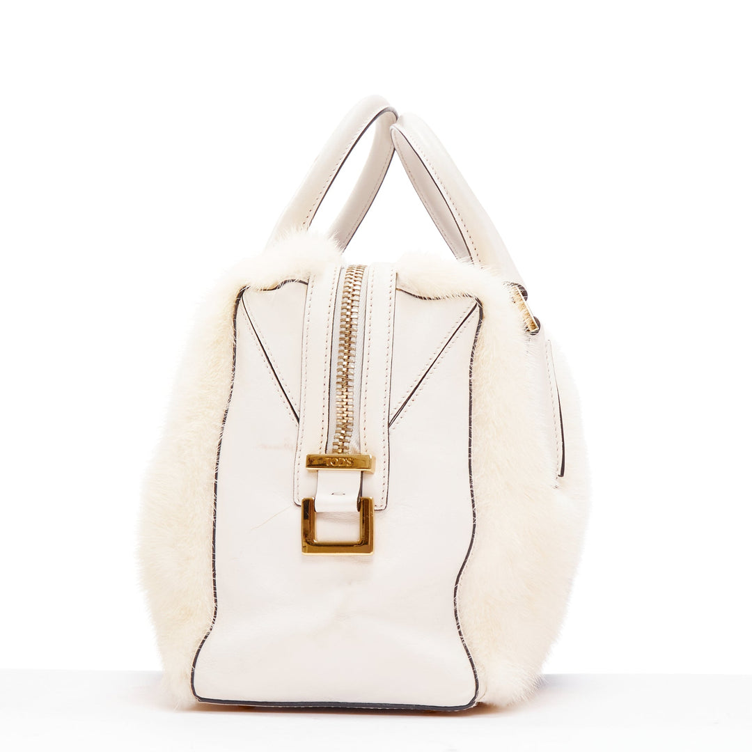 TOD'S D Cube Bauletto cream blue fur white leather GHW bowler bag
