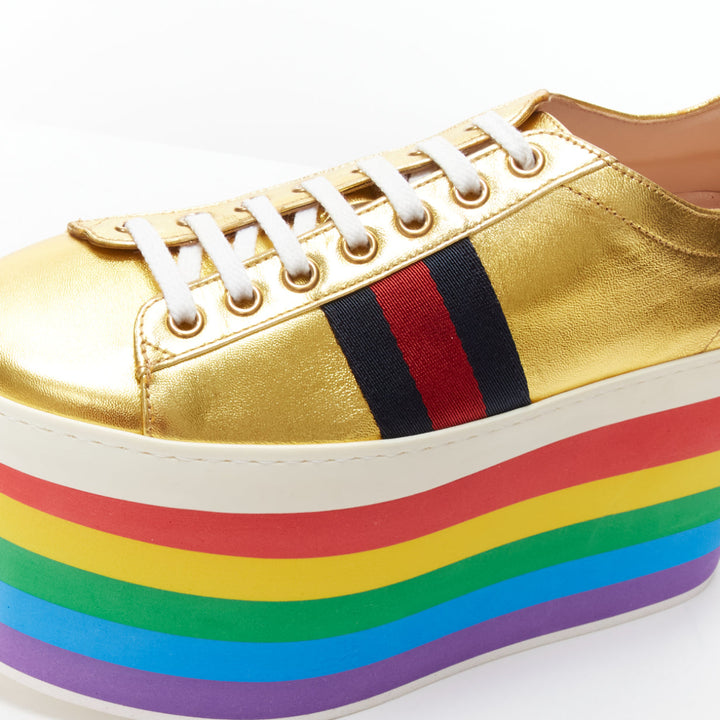 GUCCI Alessandro Michele Peggy rainbow gold web platform sneakers EU37.5