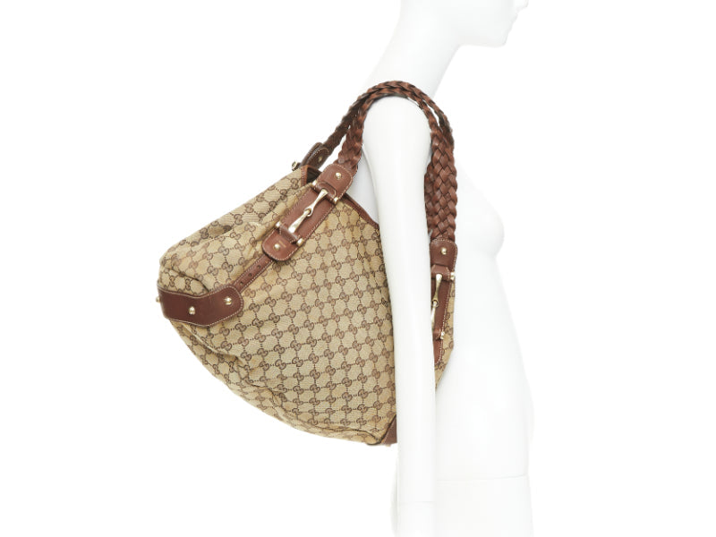 GUCCI Pelham Vintage beige GG monogram canvas brown braided handle boho bag
