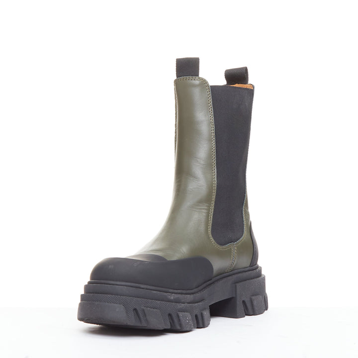 GANNI Kalamata army green leather black rubber elastic gusset chelsea boots EU39