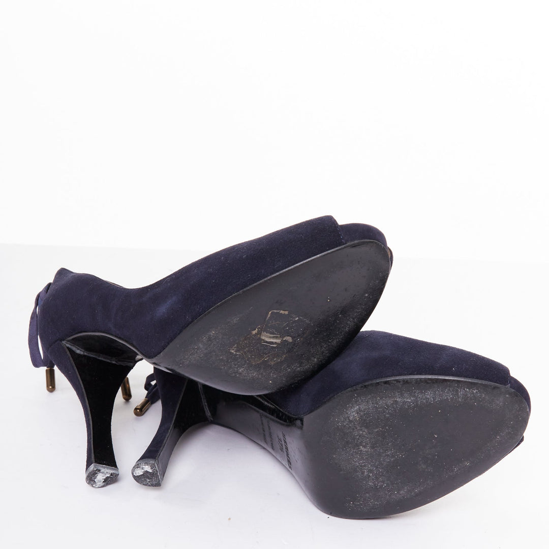 HERMES navy suede leather silk bow tie back spool heeled pumps EU37.5