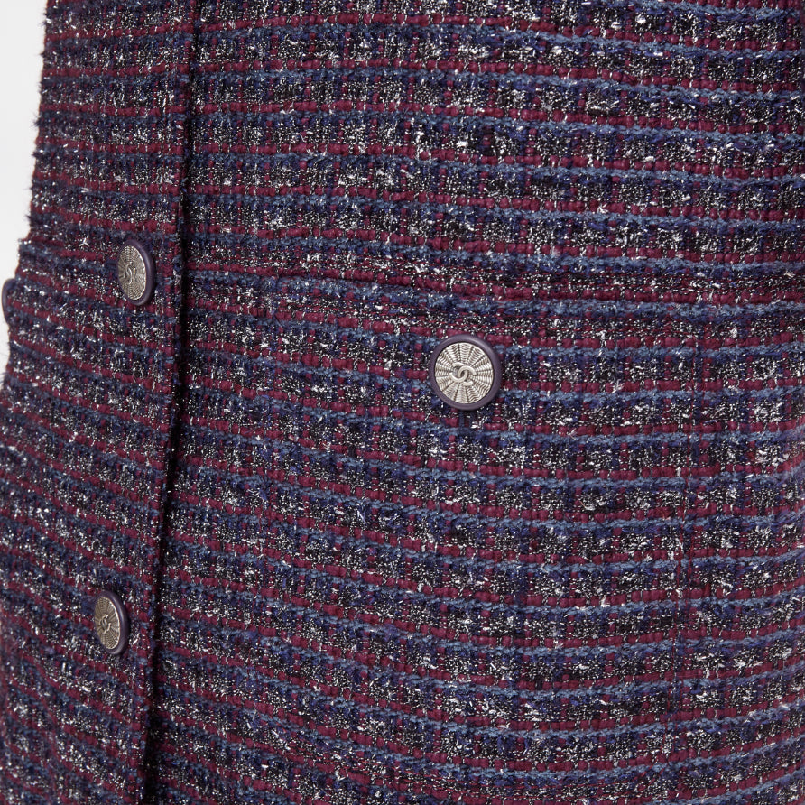 CHANEL 2014 purple metallic CC button four pocket collarless tweed coat FR44