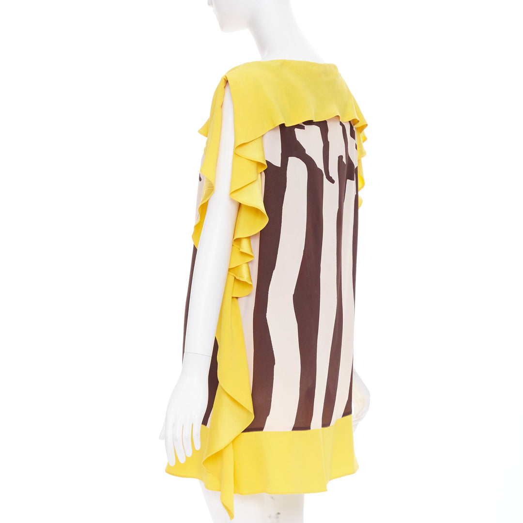 ESCADA Vintage abstract print yellow brown cream ruffle silk mini dress FR40 M