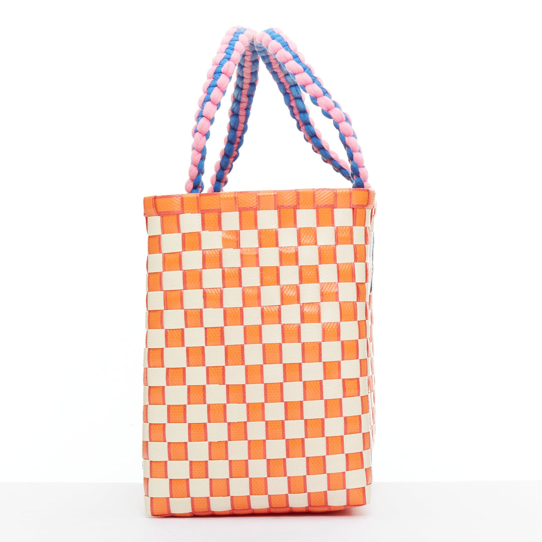 MARNI Basket orange cream straw brown leather tag rope trim top handle bag