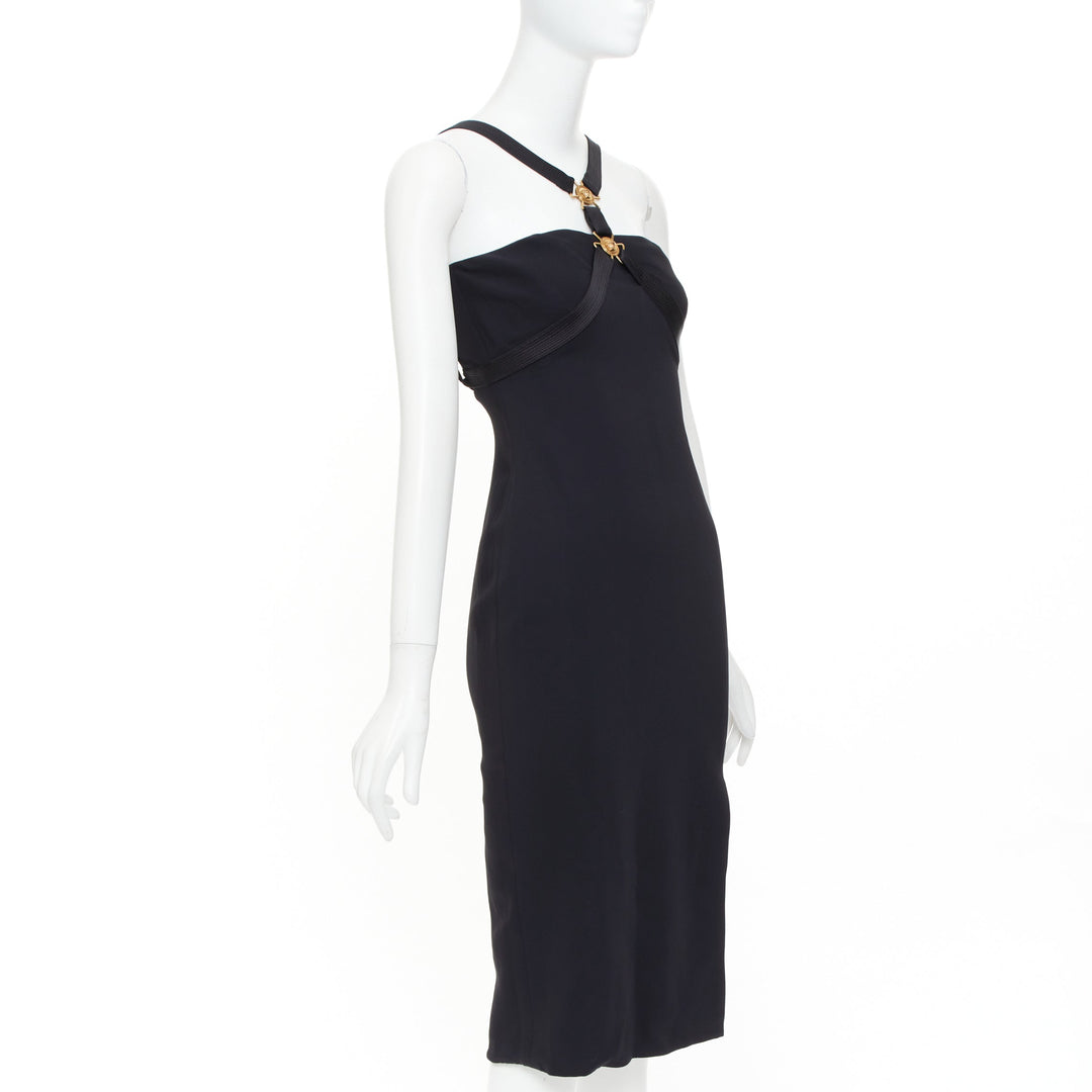 VERSACE black gold Medusa plaque bondage accent midi harness dress IT38 XS