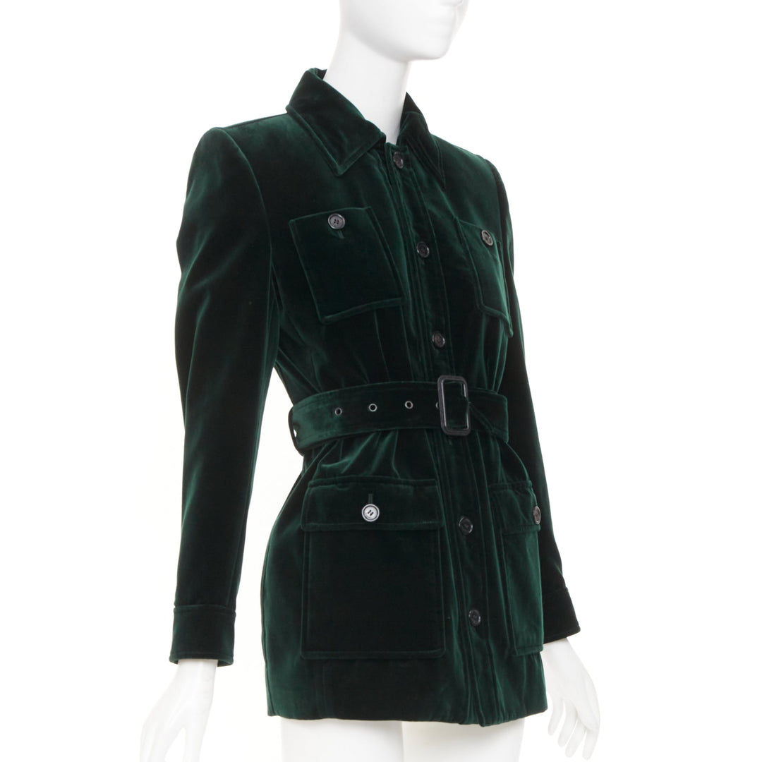 SAINT LAURENT 2025 Saharienne emeraude green belted cotton velvet jacket FR34 XS