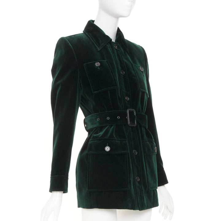 SAINT LAURENT 2025 Saharienne emeraude green belted cotton velvet jacket FR34 XS