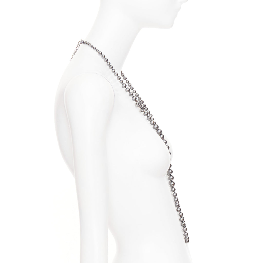 CHANEL B15P CC grey ruthenium metallic glass pearl long strand sautoir necklace