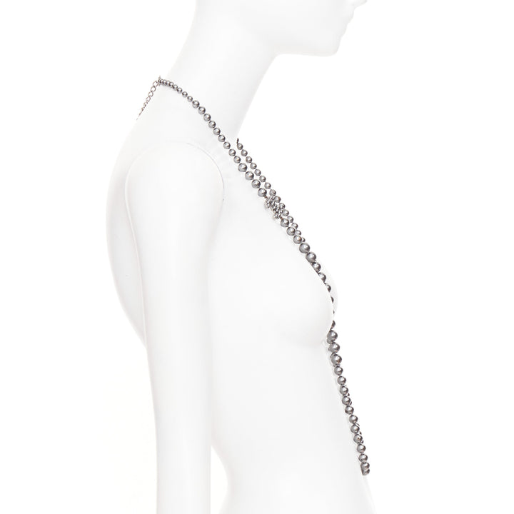 CHANEL B15P CC grey ruthenium metallic glass pearl long strand sautoir necklace