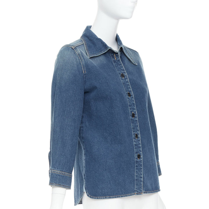 CHLOE blue washed denim cotton cropped sleeve over shirt FR38 M