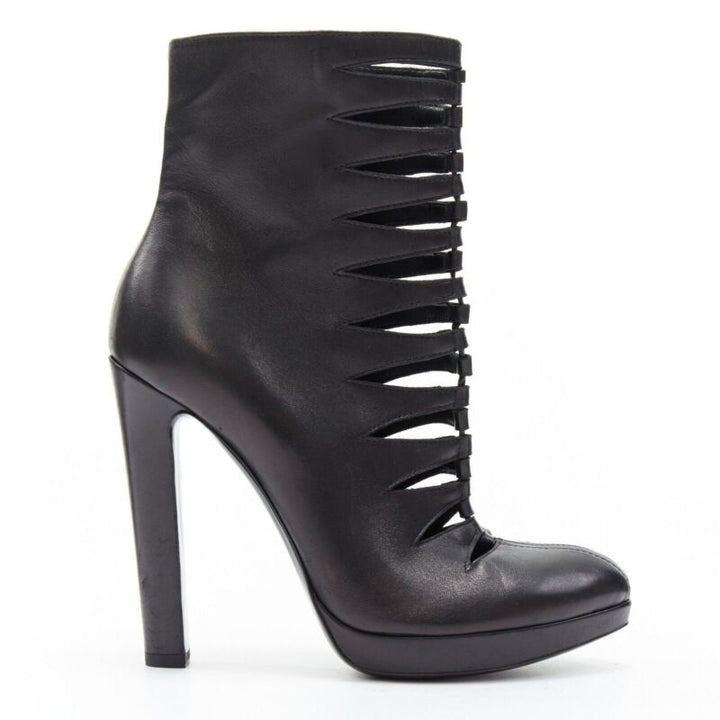 ALAIA black leather angular cut out front almond toe platform ankle boot EU37.5
