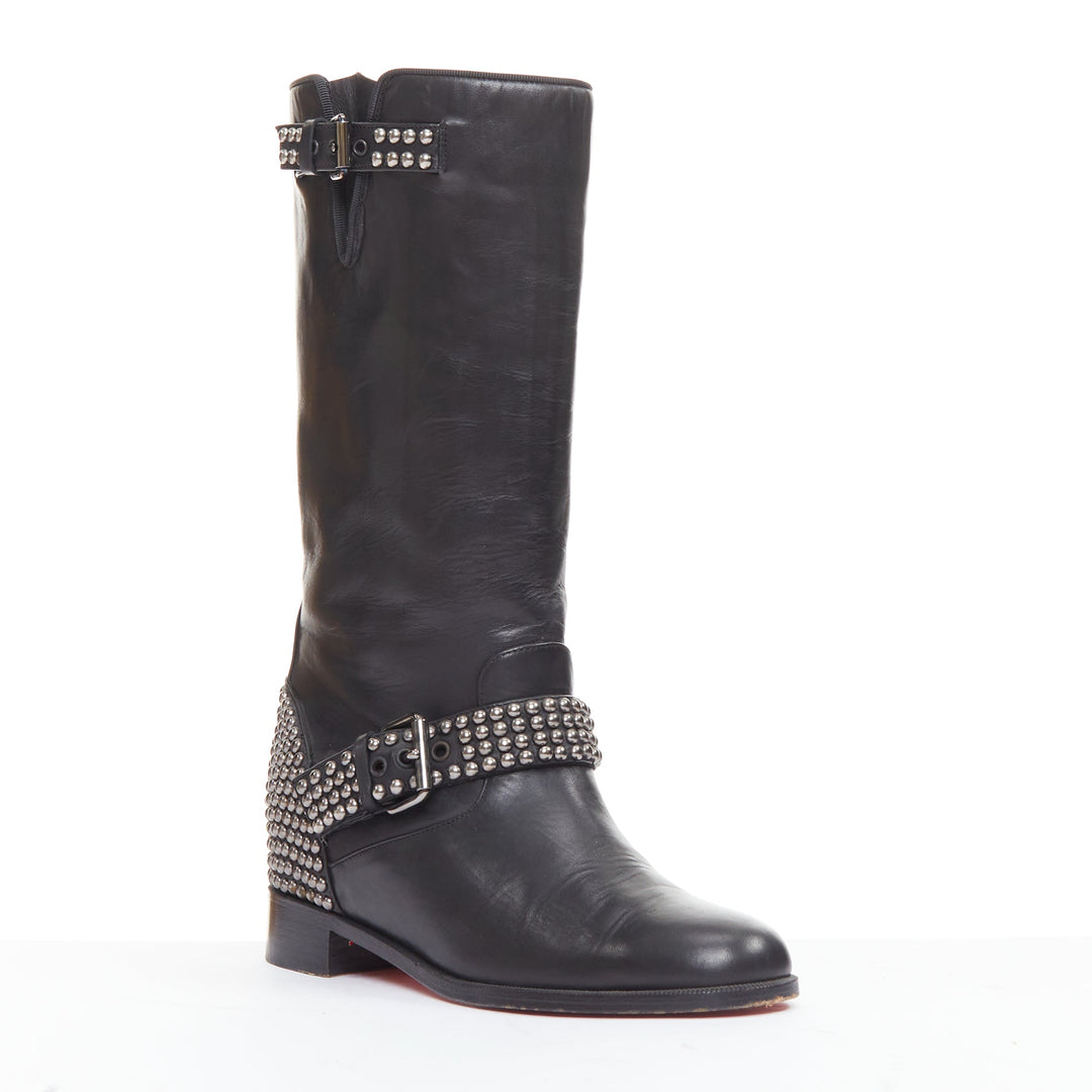 CHRISTIAN LOUBOUTIN Bicloubutu black silver studded moto biker wedged boots EU35