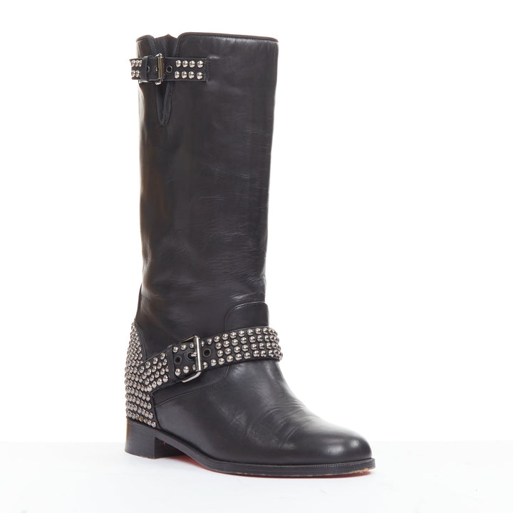 CHRISTIAN LOUBOUTIN Bicloubutu black silver studded moto biker wedged boots EU35