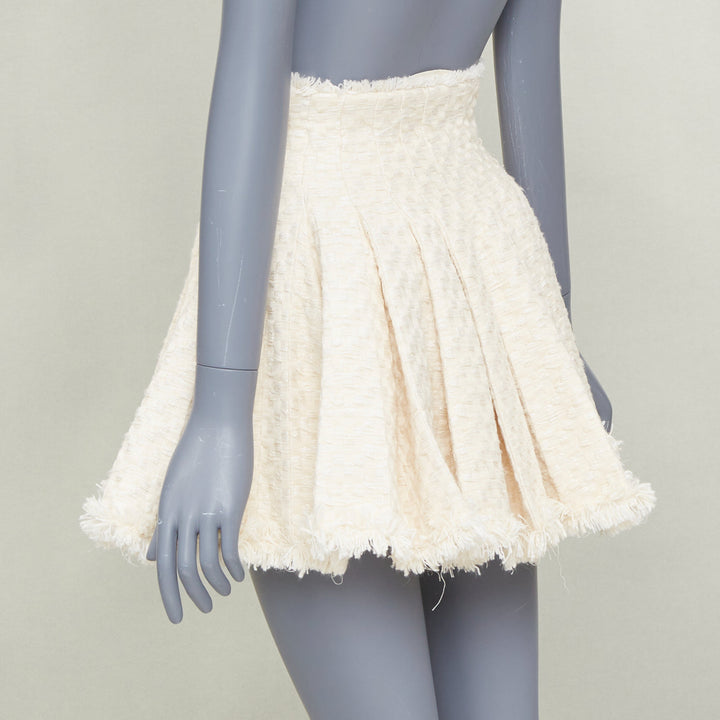 BALMAIN cream frayed pleated cotton tweed curved waist skater skirt FR34 XXS