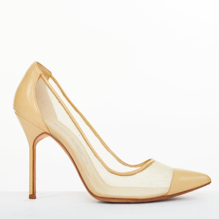 MANOLO BLAHNIK Belta sheer mesh nude beige leather cap toe stiletto pumps EU37.5