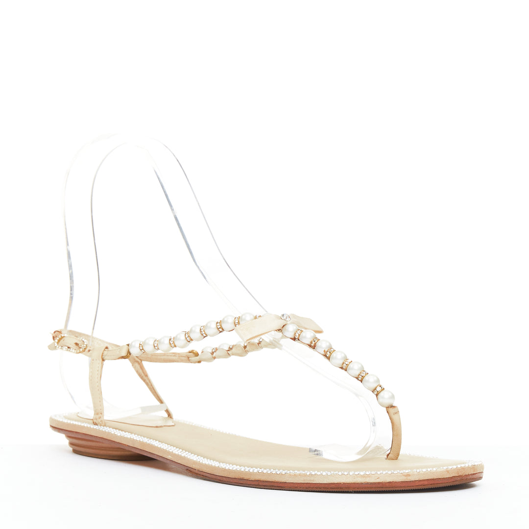 RENE CAOVILLA cream bow faux pearl tstrap strass trim flat sandals EU36