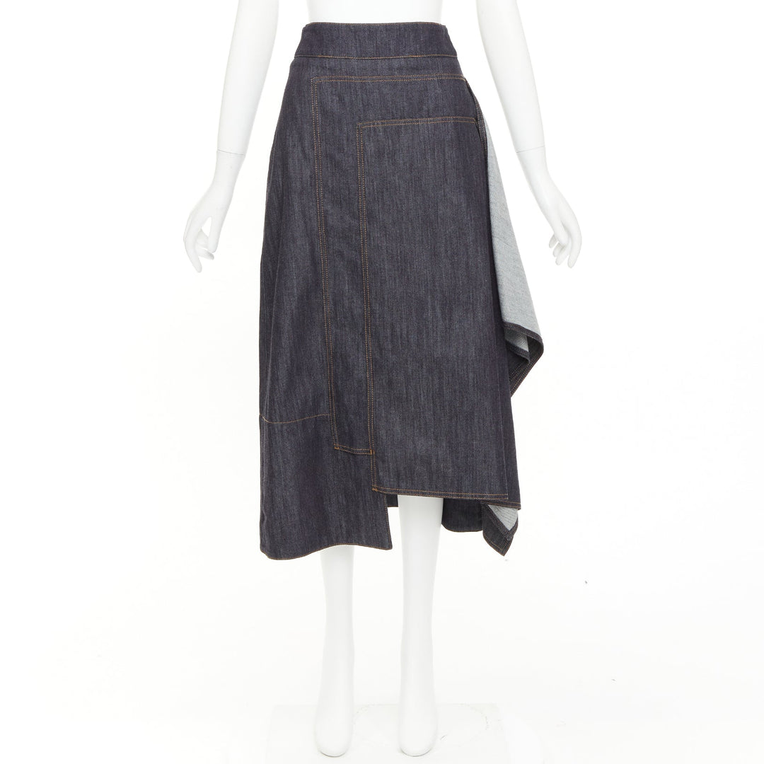 MARNI indigo blue cotton cashmere denim drape asymmetric hem midi skirt IT38 XS