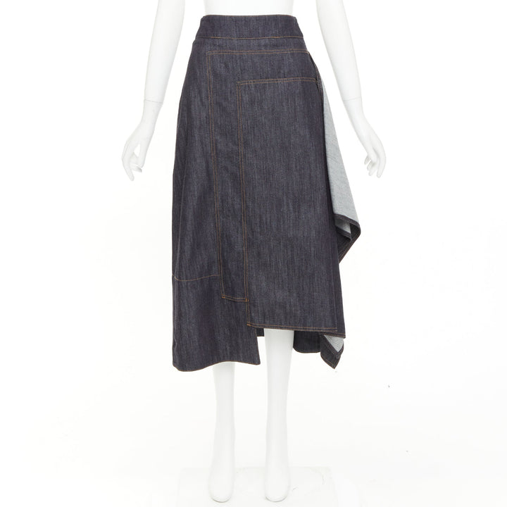 MARNI indigo blue cotton cashmere denim drape asymmetric hem midi skirt IT38 XS