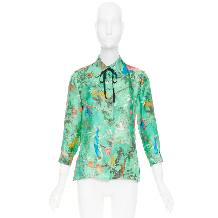 GUCCI 2016 Tian print chinoiserie bird floral silk pussy bow blouse top IT38 XS