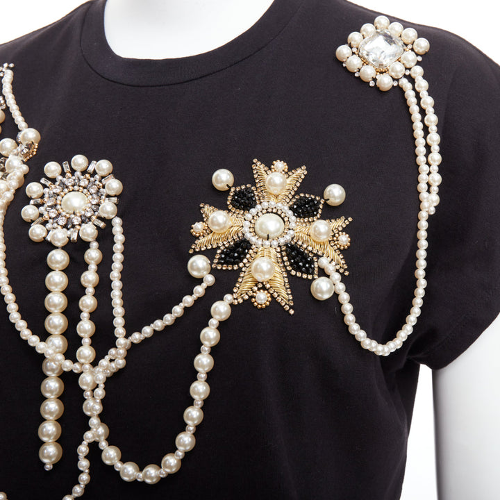 BALMAIN black cotton pearl bead embellished crop tshirt XS