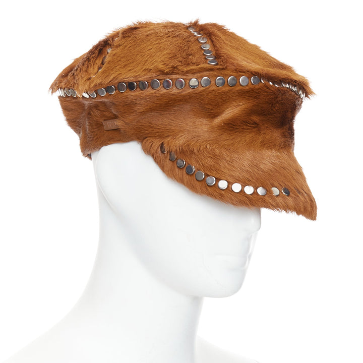 PRADA Runway cognac dyed calf fur silver studded cotton lined newsboy hat M