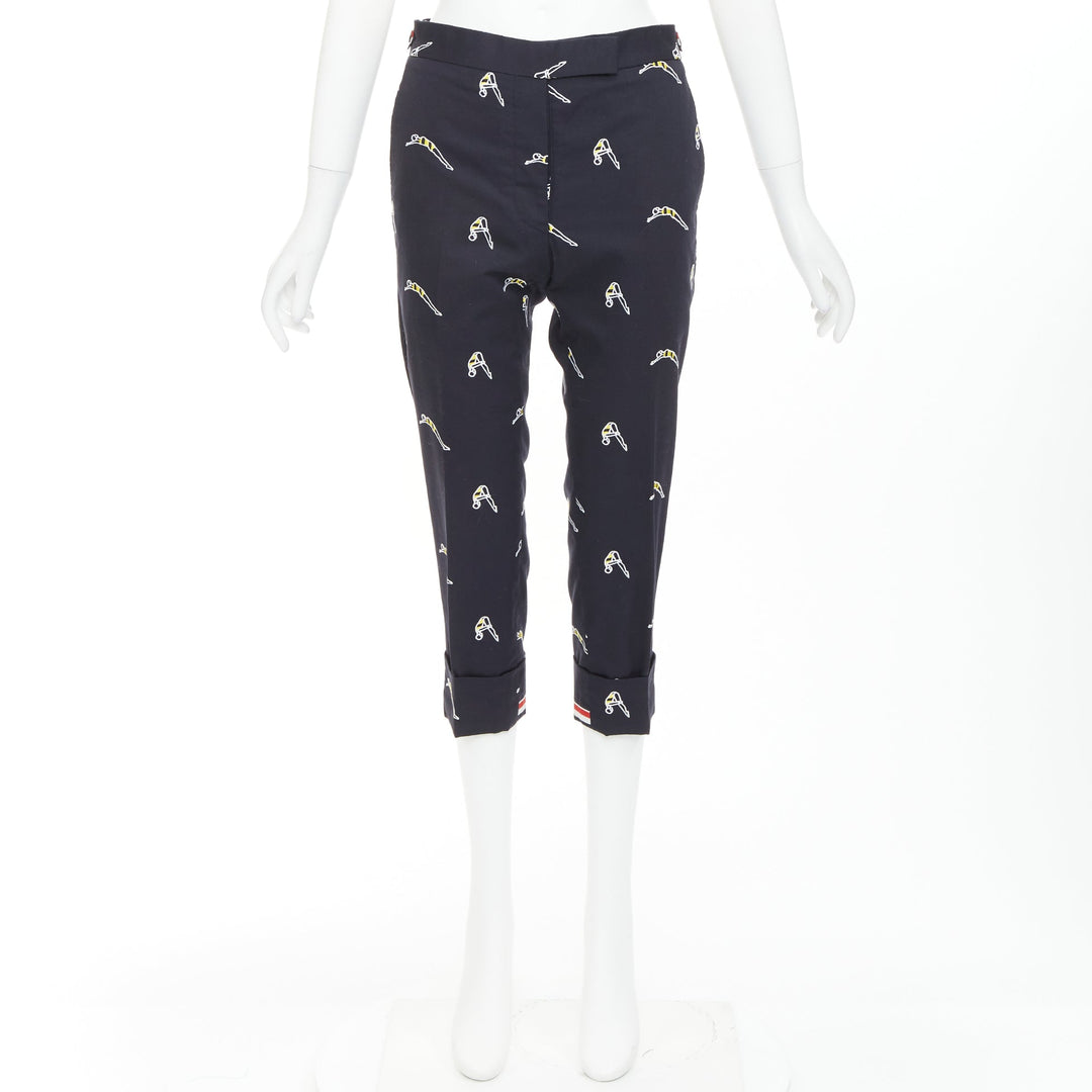 THOM BROWNE navy blue cotton yellow diver embroidery cropped chino pants US0 XS
