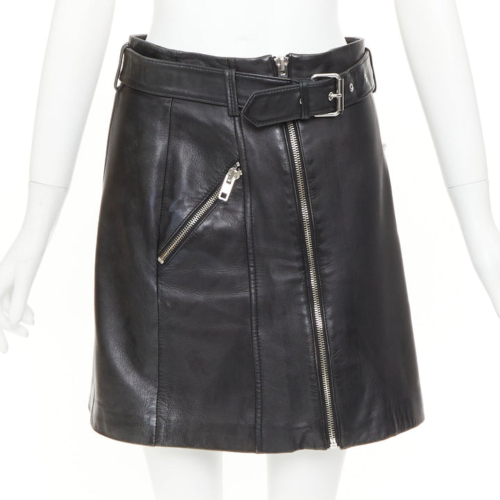 CLAUDIE PIERLOT black soft leather zip belted pocketed biker mini skirt FR36 S