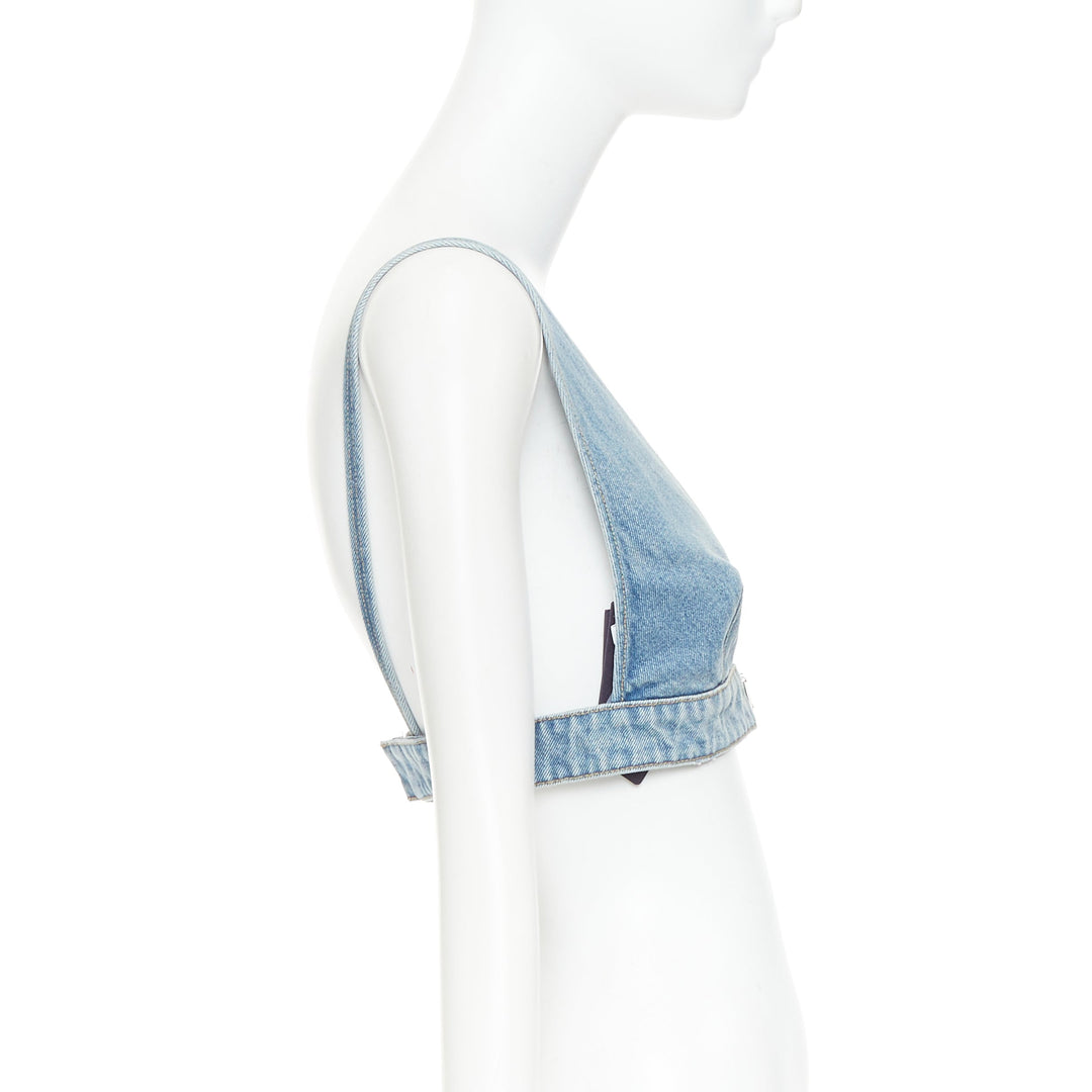 PRADA 2021 Organic Denim Bralette blue washed triangle logo plunge top IT42 M