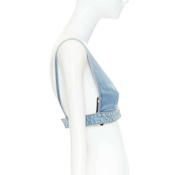 PRADA 2021 Organic Denim Bralette blue washed triangle logo plunge top IT40 S
