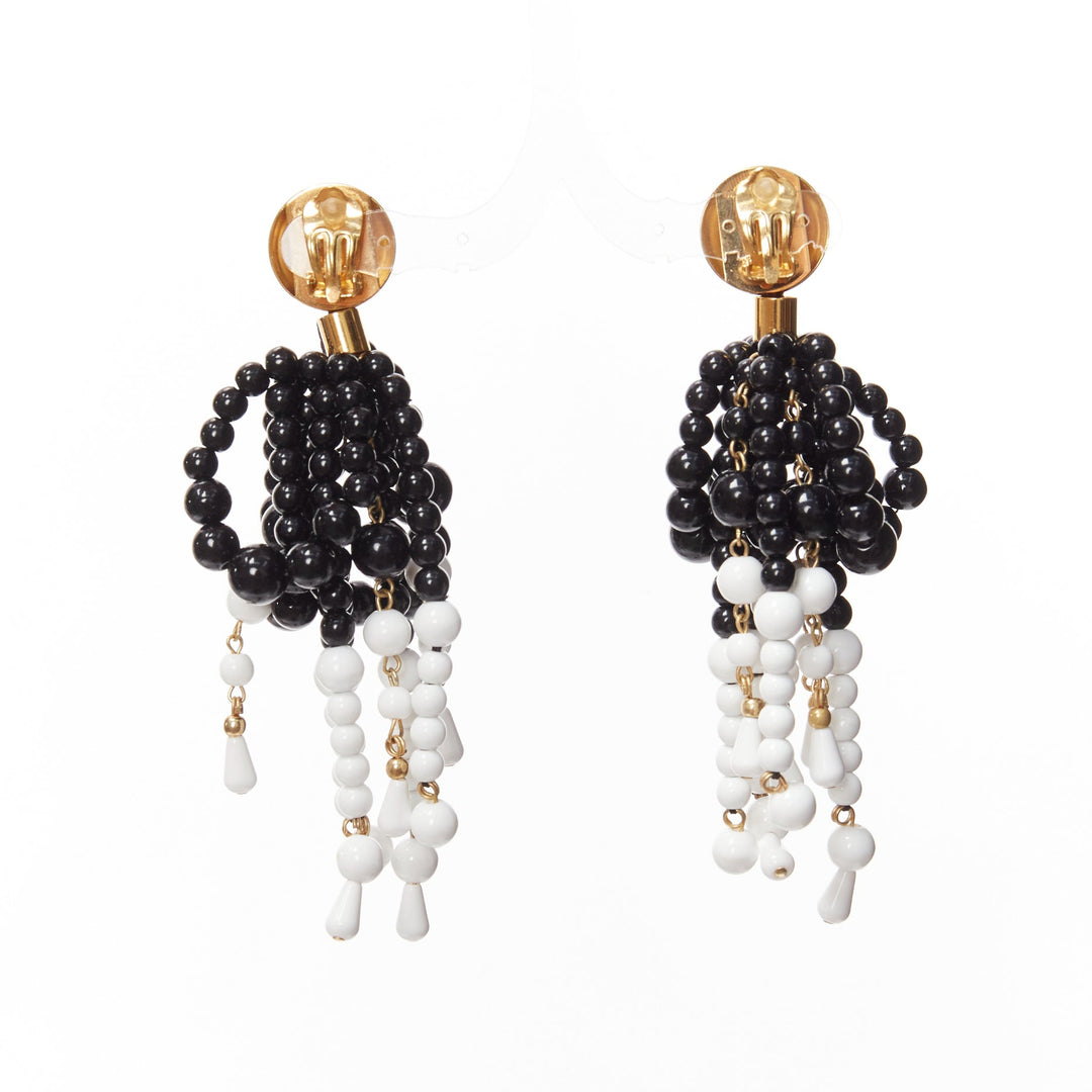 MARNI black white beads drop tassel statement dangling clip on earrings pair