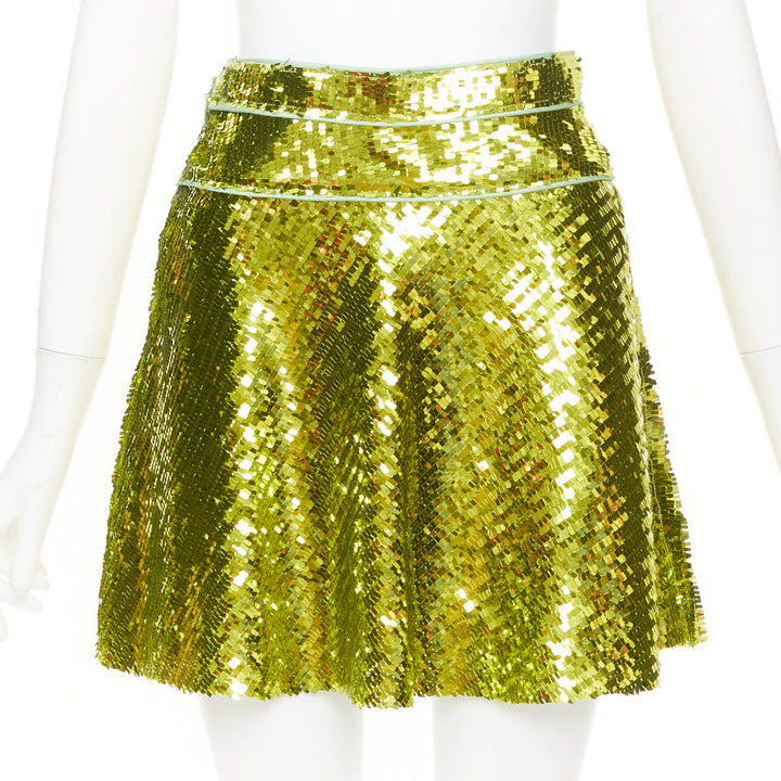 DSQUARED2 acid lime green rectangular sequins piping trim skater skirt IT38 XS