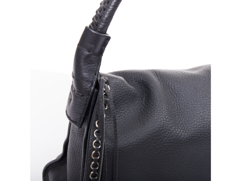 TOD'S Double Double T black calfskin silver grommet weave fringe shoulder bag