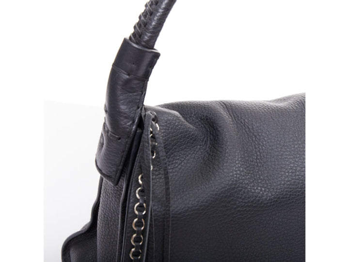 TOD'S Double Double T black calfskin silver grommet weave fringe shoulder bag