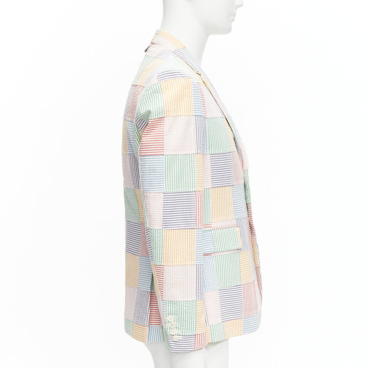 THOM BROWNE colourful stripes patchwork seersucker 2 button blazer jacket Sz 2 M