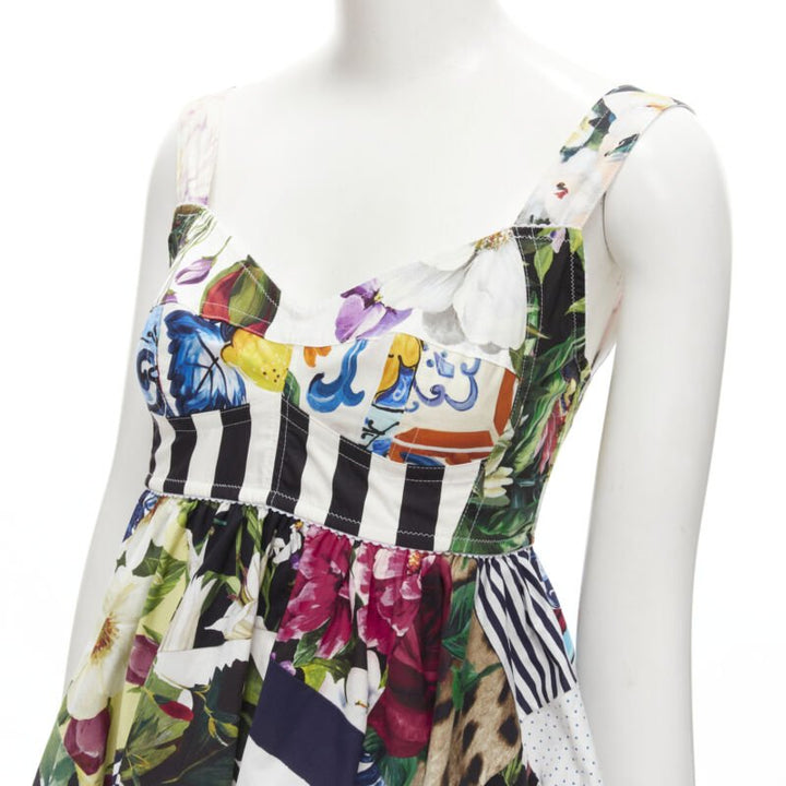 DOLCE GABBANA 2021 mixed patchwork floral boned bustier flared dress IT38 XS