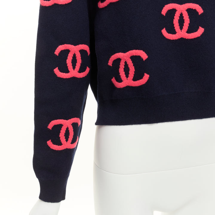 CHANEL 21P pink navy CC logo intarsia cashmere blend cropped sweater FR38 M