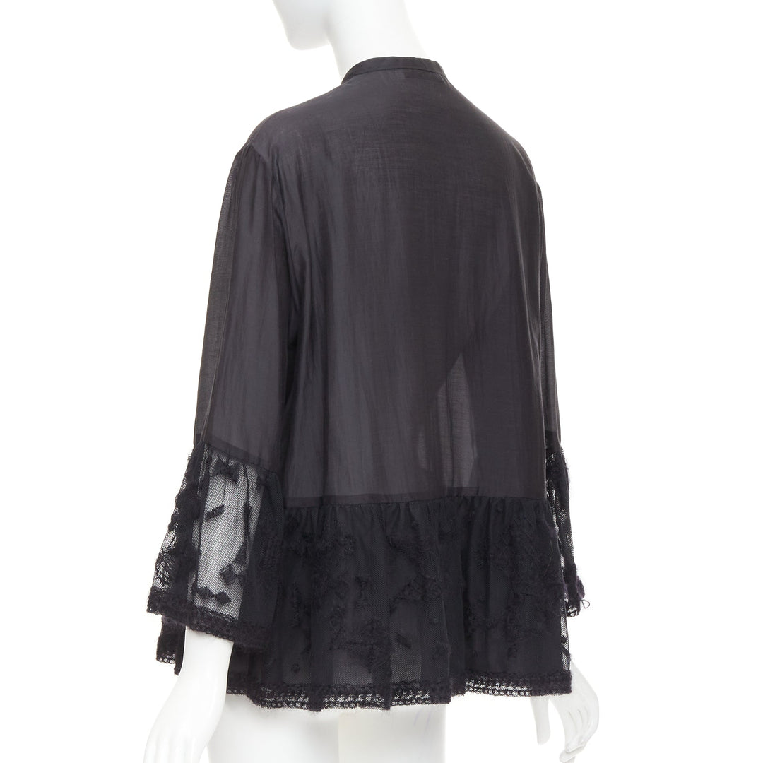 THE ROW black cotton silk fringed embroidered lace peplum sheer shirt US2 S