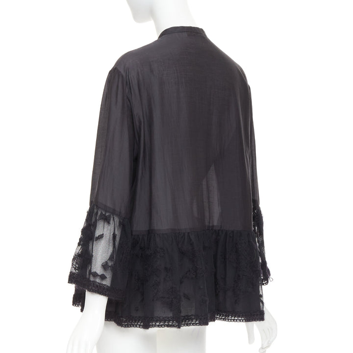 THE ROW black cotton silk fringed embroidered lace peplum sheer shirt US2 S