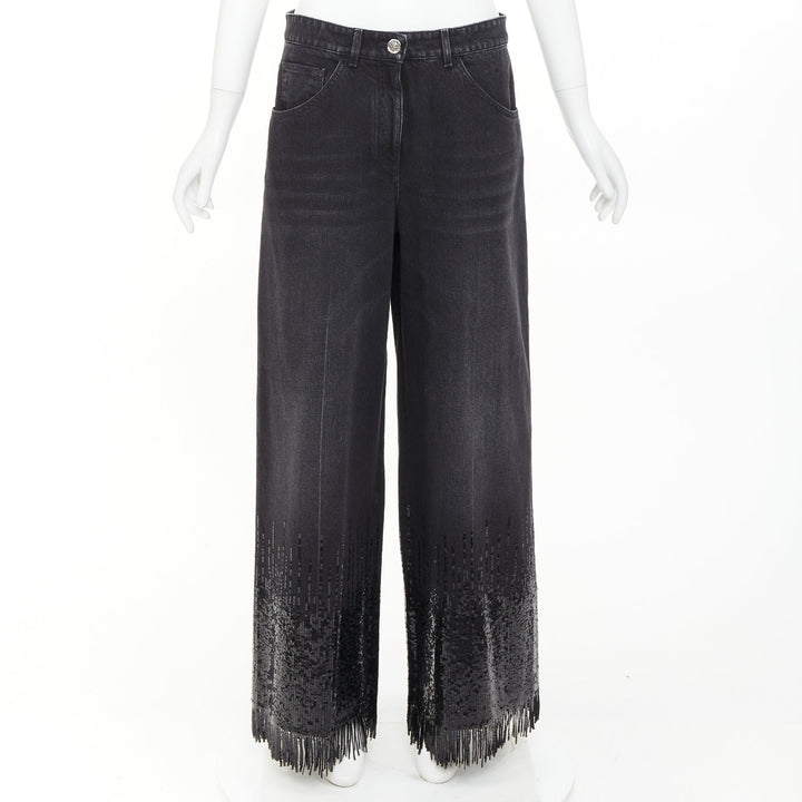CHANEL 2025 Runway black washed denim sequin fringe wide leg jeans FR40 L