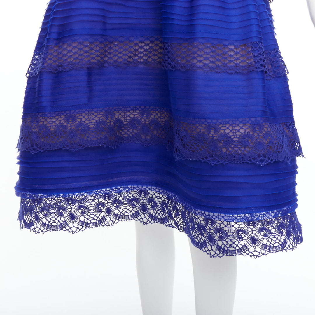 OSCAR DE LA RENTA 2014 blue lace trim overlay strapless cocktail dress US4 S