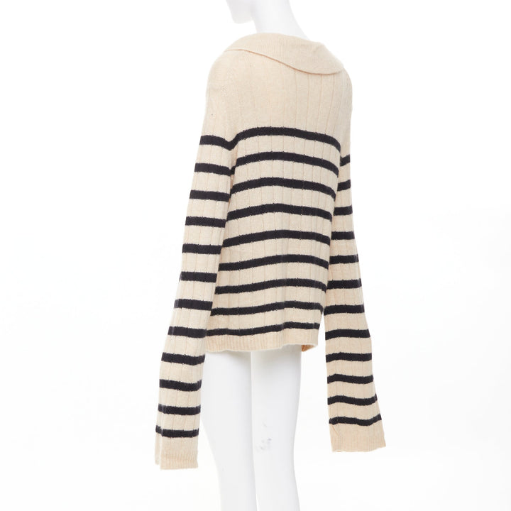KHAITE 2022 Mateo Butter Black Stripe ribbed cashmere wide collar sweater S