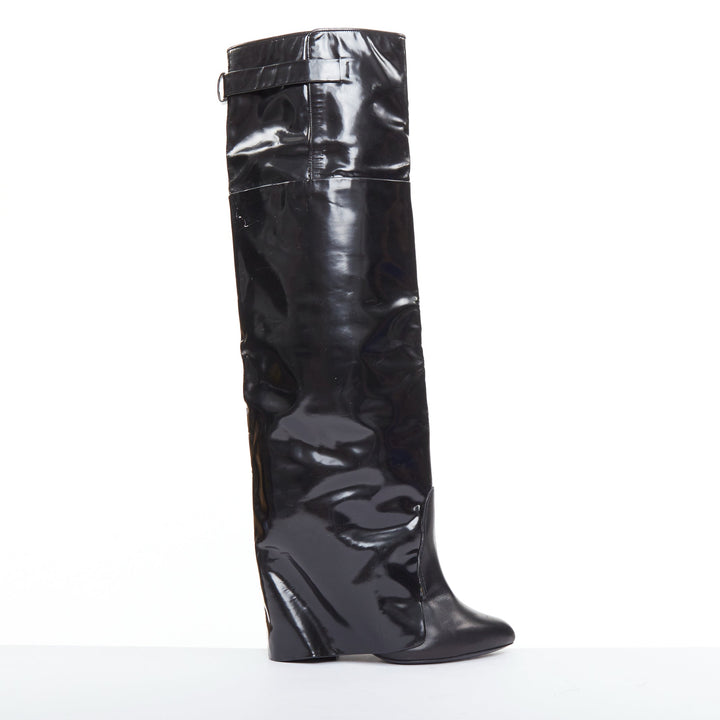 GIVENCHY 2012 Runway Shark Lock  black polished leather foldover boots EU40