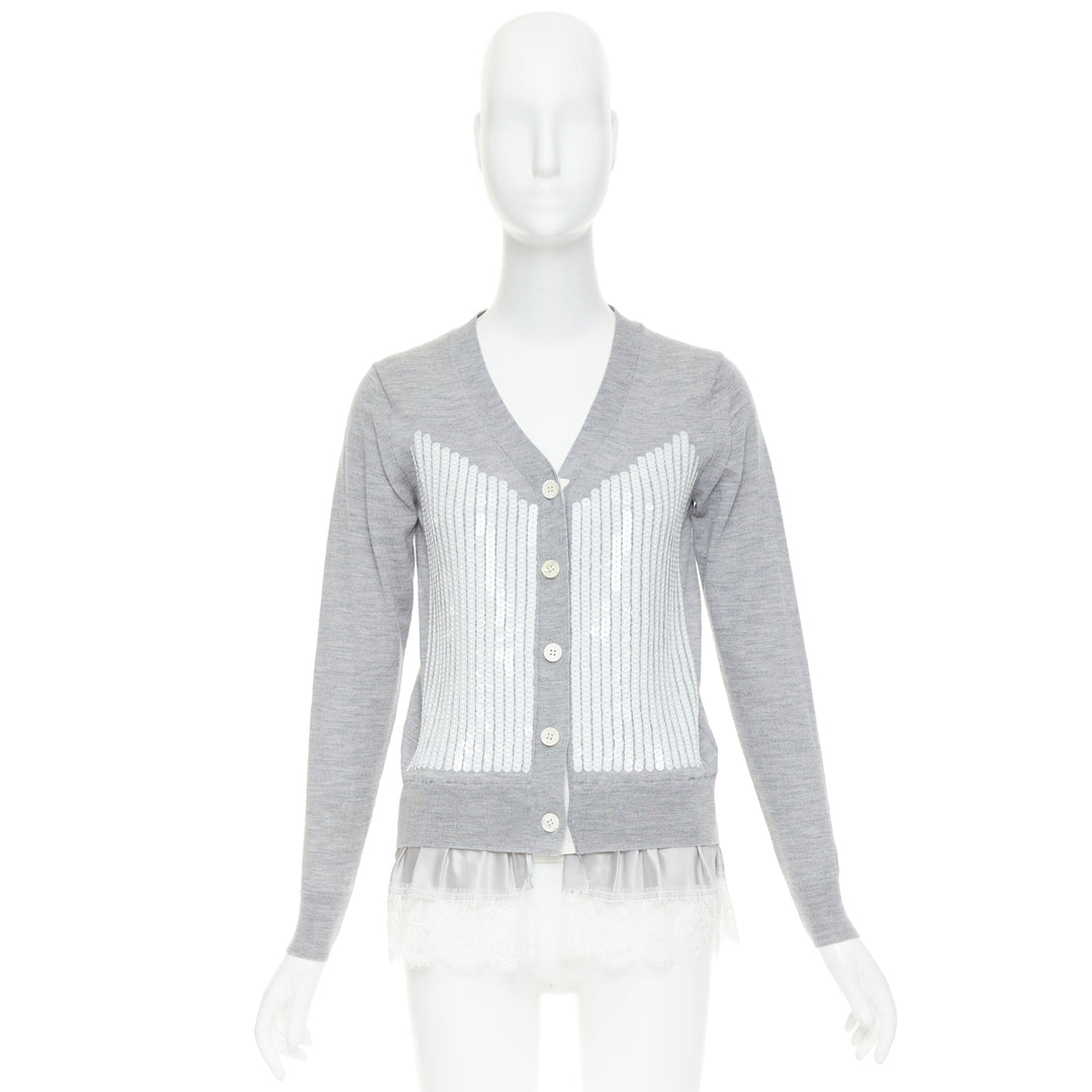 SACAI 2012 grey wool white sequin lace ruffle scallop hem cardigan JP1 S
