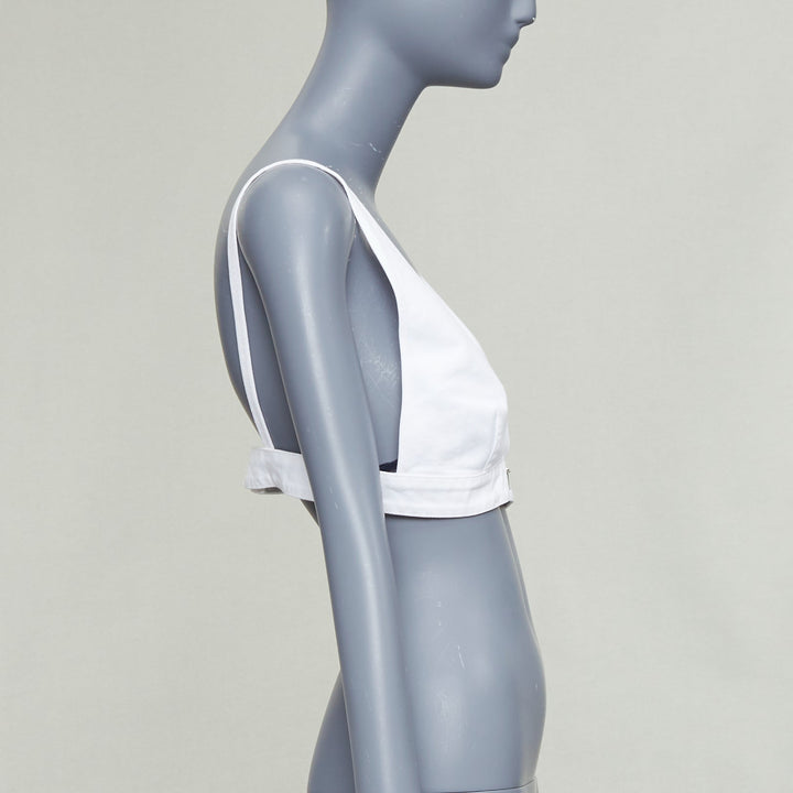 PRADA 2022 white distressed denim triangle logo plunge bralette crop top IT42 M