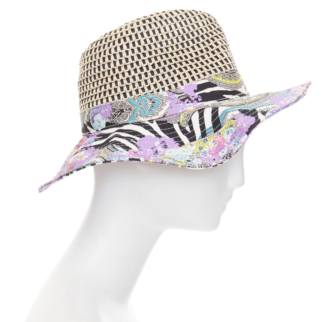 ETRO purple cotton blend paisley print beige raffia jute floppy hat S
